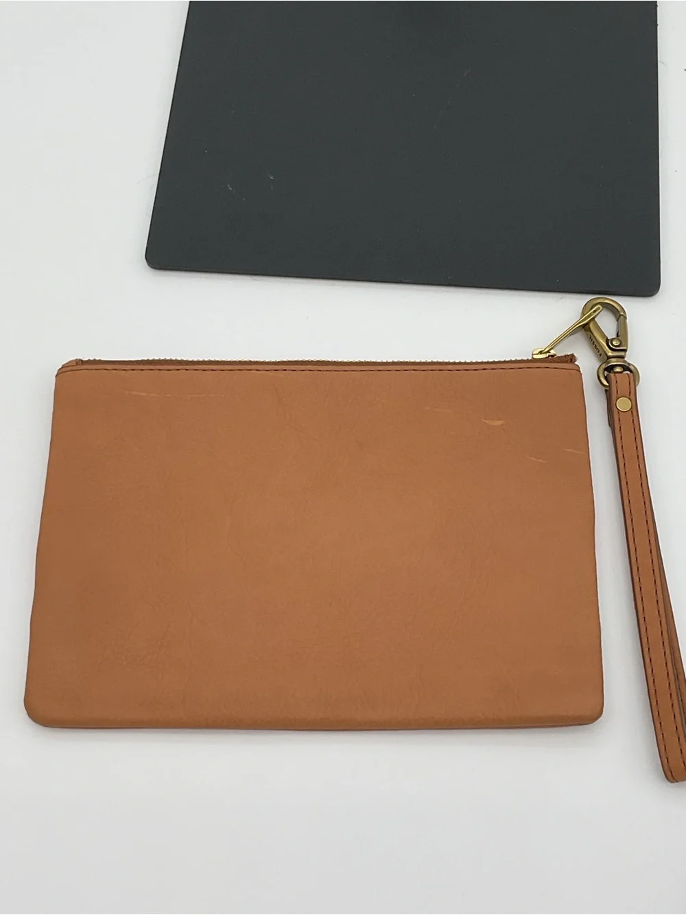 Fossil Tan Leather Wristlet Clutch with Multicolor Leaf Appliqués